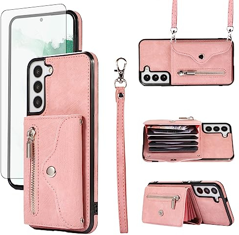 Phone Case for Samsung Galaxy S22 5G Wallet Cover with Tempered Glass Screen Protector Wrist Crossbody Strap Shoulder Lanyard Credit Slot Card Holder Stand Leather S 22 22S 4G G5 6.1 inch Rose Gold