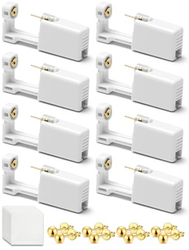 Yiorxu 8pcs Ear Piercing Gun Kit,Pain-Free Disposable Sterile Self Piercing Kit Set with 8 Medical Grade Studs Earrings Silver/Gold & Wipes for Teens,Women Men Girls Boys & Home Use (Gold)