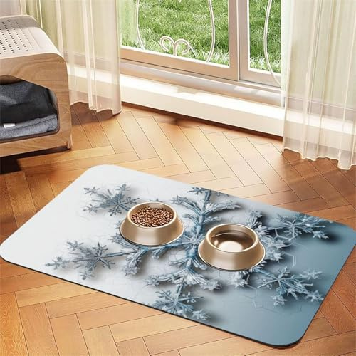 Transparente Schneeflocken-Hundefuttermatten für Böden, 30,5 x 45,7 cm, rutschfeste, super saugfähige Haustierfuttermatte, Geschirrspüler-Hundematte für Futter und Wasser, niedlich, Gummi, schnell