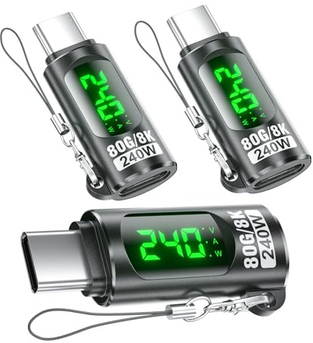 240W USB C Adapter Power Meter Tester (3 Pack) - Voltage Current Power LED Digital Display, Type C Male to Female Extension Connector for 1Phone 15/16, MacBook, iPad & More USB-C Cables/Devices