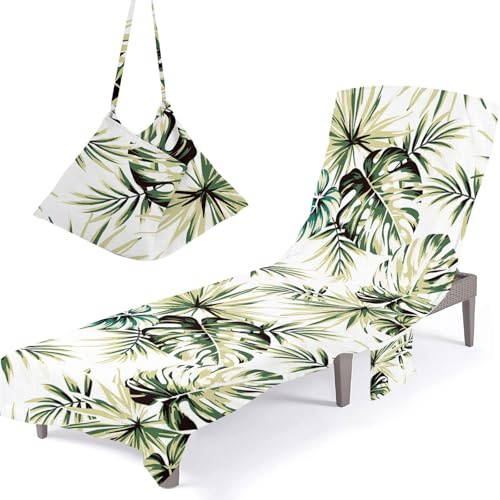Fasheepfa Sun Lounger Beach Towel with Pockets, Banana Leaf Summer Beach Chair Cover Chaise Lounge Towel Cover Mate Sunbed Towels for Holiday Garden Outdoor Pool (Light Green, 75x210cm)