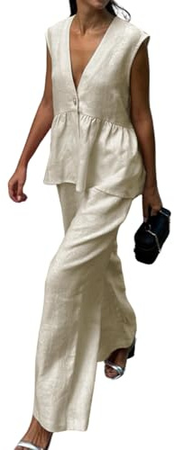 Volemo Womens Two Piece Set Sleeveless V Neck Peplum Vest Wide Leg Pant Suits Dressy Casual Summer Vacation Outfits Beige S