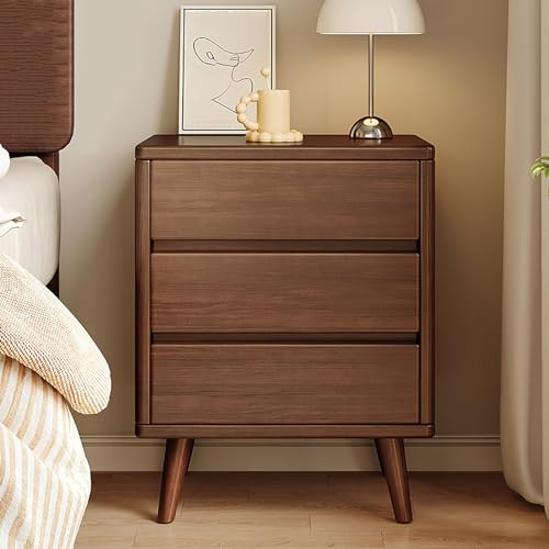Moderna mesita de noche de madera maciza con 3 cajones y 3 niveles de almacenamiento para dormitorio y sala de estar, elegante mesita de noche con acabado de nogal (45 x 40 x 62 cm)