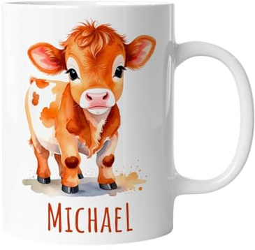 timalo Kindertasse mit Namen | Kleine braune Kuh | Personalisierte Keramik Tasse mit Tieren | für Kinder, Jungen & Mädchen – Geschenk, Geburtstagsgeschenk, Namensgeschenke, Kaffeetasse