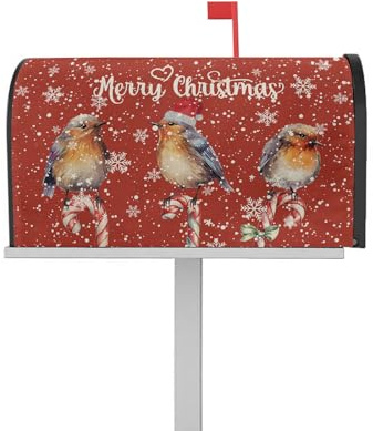 Merry Christmas Mailbox Covers Magnetic Standard Size 18.5 X 21.7 Inch Robins Stand on Candy Cane Snowflake Red Decorative Mailbox Cover Post Letter Box Wrap for Garden Yard Home Outdoor Decoration