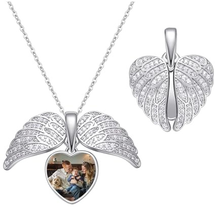 Collar con foto Collar personalizado con alas de ángel Collares con medallón en forma de corazón personalizados, joyas conmemorativas con foto personalizadas para regalar a mamá, esposa, abuela