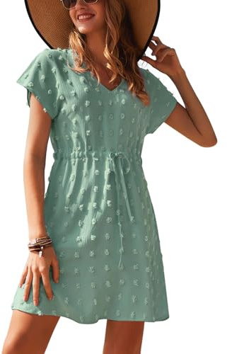 Ekouaer Cover Ups for Women Beachwear Casual Short Sleeve Swimwear V-Neck Fashion Loose Swimwear Beach Swiss Dot Cover Up Green L