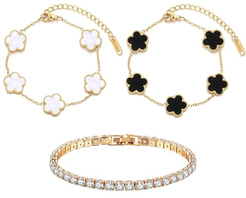 TENGWA 18k förgyllda smycken guld vattentät 17+5 cm klöverarmband vit lycklig klöver present till födelsedag årsdag alla hjärtans dag mors dag eller nyår, Mittelgroße, Rostfritt stål, Ingen ädelsten