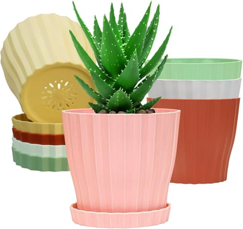 LATERN 5 Piezas Macetas de Plástico, 15CM Maceta Gruesa para Plantas Macetero para Vivero con Motivo a Strisce con Orificio de Drenaje y Plato para Plantas Flores Hierbas Suculentas Cactus (5 Colori)
