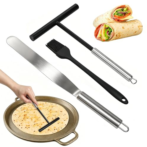 Crepes distributör set 3 stycken, T-formad degfördelare av rostfritt stål, spatel och matlagningsborste, för jämn fördelning av pannkaks- och crêpedeg, diskmaskinssäker, köksbaktillbehör