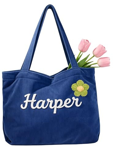 Personalisierte Cord-Tasche mit Namen - Handbestickte 3D Blumen Handtasche für Damen - Große Reise- und Strandtasche - Geschenk für Freundin, Mama, Brautjungfer - Geburtstag, Muttertag, Weihnachten