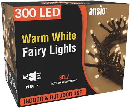 ANSIO Christmas Lights 300 LED 30m, Warm White, Mains Powered Green Cable | Fairy String Lights for Indoor & Outdoor, Christmas Tree Lights for Garden, Bedroom, Party & Xmas Decorations, 30m/98ft