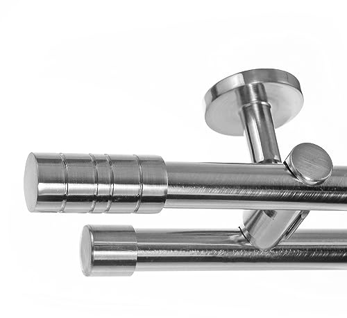 BASIT Gardinenstange Edelstahllook 20mm 2-läufig Decke 280cm lang D41 | Gardinenstangenset doppelläufig Deckenmontage Metall Vorhangstange Deckenhalterung 120-600cm wählbar Kappe Zylinder E34