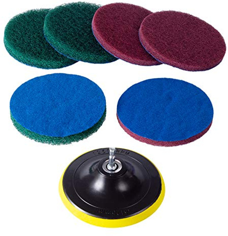 Kichwit Drill Powered Brush Tile Scrubber Scouring Pads Cleaning Kit, 2 Different Stiffness, Disc Pad Holder With 6 Scrubbing Pads, Cleans Large Flat Areas Perfectly 5-Inch