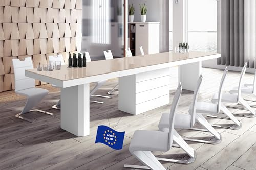 Design Esstisch HE-444 Cappuccino Hochglanz / Weiß Hochglanz ausziehbar XXL 160 cm bis 412 cm Esszimmertisch für 16 Personen Kitchentable Funktionstisch Ausziehtisch Esszimmer Tisch Esszimmermöbel