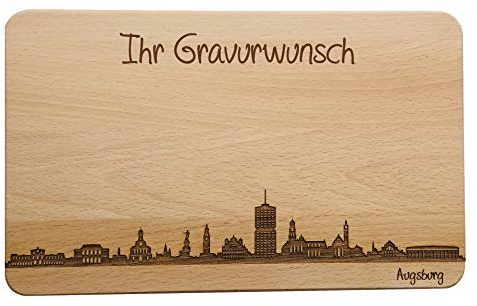 SNEG Brotzeitbrett Augsburg Skyline | Frühstücksbrettchen aus Buche | Holz Schneidbrett | Geschenk mit Gravur | Frühstücksbrett | Bayern (XL 35x23x1,5 cm - mit persönlicher Gravur)