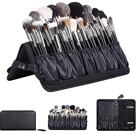 Rownyeon Professional Makeup Brushes Organizer Bag Makeup Artist Cosmetic Case Leather Handbag Black Travel Portable(Only Bag)