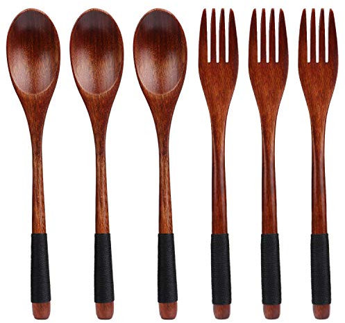 TsunNee Ensemble de couverts en bois naturel avec cuillère et fourchette à long manche de style janpanais pour le camping, la cuisine, le dîner (noir)