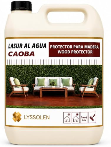 LYSSOLEN - Lasur Protector de Madera Satinado 5L - Color Caoba - Barniz al Agua Impermeabilizante para Exterior e Interior - Protección UV y Climática para Terrazas, Vigas y Suelos - Poro Abierto