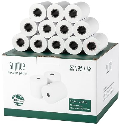 Supfive Rouleau tpe 57x36mm 19.5m– Rouleaux de Terminaux de Caisses Enregistreuses – Bobine Papier Thermique- Sans BPA (50 Bobines)