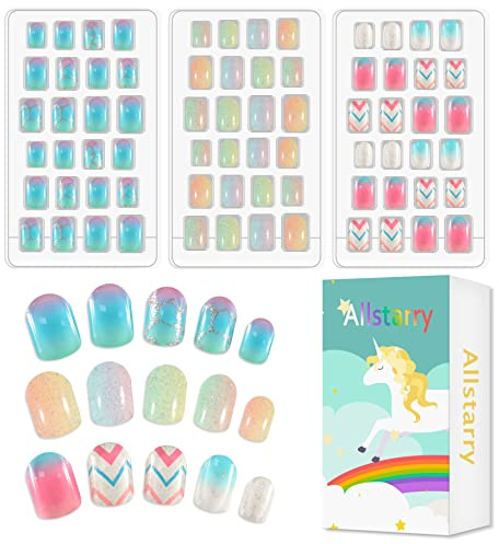 Allstarry 72 Stück Kindernägel Aufpressen Vorgeklebt Vollabdeckung | litzer Farbverlauf egenbogen kurze Kunstnägel schönes Geschenk für Kinde Mädche Nagelkunst - Regenbogen Glitzer
