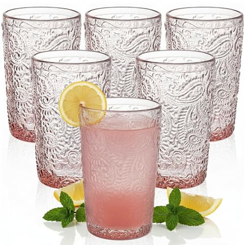 Tebery 6 Stück 350ml Rosa Highball Gläser, 12oz Old Fashioned Trinkbecher, romantische Wassergläser, Vintage Glasgeschirr Set für Wasser, Saft, Wein, Bier und Cocktails