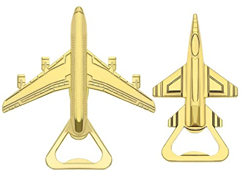 eMagTech Abridor de botellas de cerveza, con forma de avión, herramienta de apertura de botellas, gadget de decoración de aviones, regalos de aviación para piloto con caja de regalo dorada