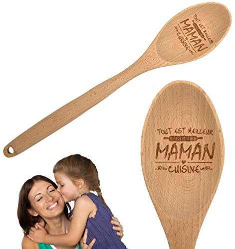 ERNESTINE - Cuillère en Bois Personnalisée pour Maman - Cadeau Cuisine Anniversaire Noël Fête des Mères - Ustensile Naturel Gravé - Spatule