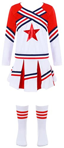 YOOJIA Cheerleadering Kostüm Mädchen Cheer Uniformen mit Socken Cheer Outfit Karneval Kostüm für 3-14 Jahre Rot 146-152