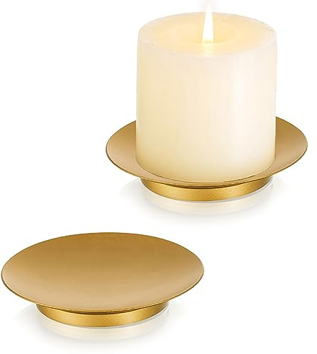 Romadedi Iron Plate Candle Holder - Gold Candle Holders for Pillar Candles, Set of 2 Small Candle Tray Pillar Candle Holder Plate Metal Candle Stand for Coffee Table Decor, Wedding, Party, Home Decor