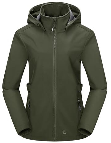 Outdoor Ventures Damen Softshelljacke Kurze Gefütterte Funktionsjacke Wasserdichte Übergangsjacke mit Abnehmbarer Kapuze Regenjacke Outdoor Regenmantel Softshellmantel für Wandern Laufen Oliv-Grün XL