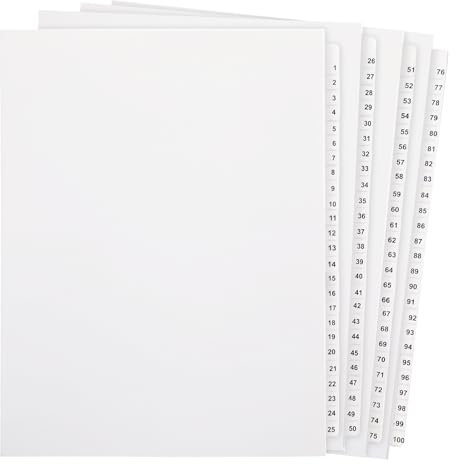 Yeaqee 1 Set 1–100 nummerierte Registerkarten, ungelocht, Briefgröße, 21,6 x 27,9 cm, Papierseite, weiße Ordner, Registerblätter für Bürodokumente, Akten