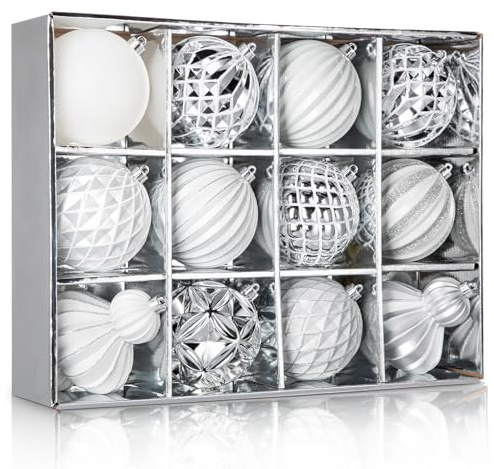 Hollyone 10CM 16CM Weihnachtskugeln Kunststoff, 12PCS Weihnachtsbaumschmuck Set, Weiß Silber Bruchsicher Hängeornamente für Weihnachtsdeko, Glitzer Weihnachtsbaumkugeln für Party Fest Neujahr