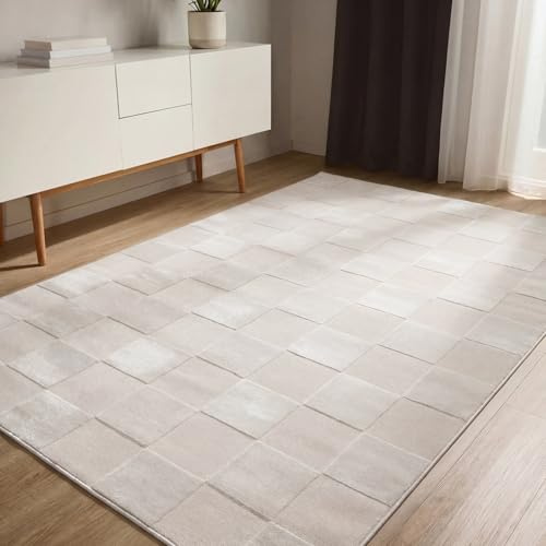 benuta Basic Teppich Claire - Creme 160x230 cm - Minimalistischer Wohnzimmerteppich im Geometrischen Retro-Stil - Pflegeleicht - Fußbodenheizung Geeignet