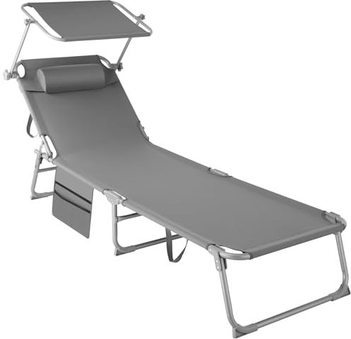 TecTake® Chaise Longue Pliante Bain de Soleil Avec Pare Soleil, Appuie-tête & Pochette - Inclinable Transat de Plage Relax Pour Jardin, Camping, Salon Exterieur