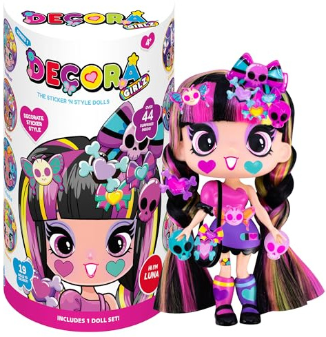 John Adams Decora Girlz Fashion Doll | LUNA 5 Sticker ’n’ Style Mini Doll with 44 Accessories | Customisable Outfits, Hair & Stickers | Collectable Cute Dolls & Accessories for Kids | Ages 4+