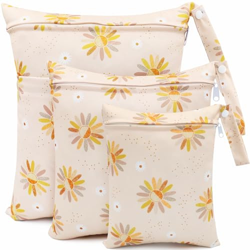 FenFang Windeltasche Nasstaschen, 3 Stück Wetbag Stoffwindeln Organiser Taschen, Beutel Wickeltasche Nasssack Wäschebeutel Kindergarten Naßtasche Nassbeutel Wiederverwendbare Baby (Gelbe Blume)