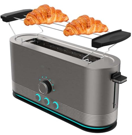 Cecotec Tostapane Verticale in Acciaio con Fessura Lunga Shine&Toast Extra. 1050W, Capacità per 2 Toast, Fessura Larga 3,8cm, Anello Luminoso, 7 Livelli di Tostatura, Aste Superiori