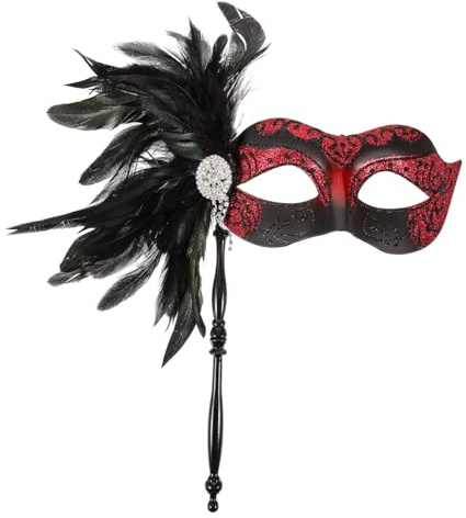 RORPOIR De Mascarade à Main Pour Halloween Demi-face Avec Paillettes Et Plumes Rouges Pour Fête Et