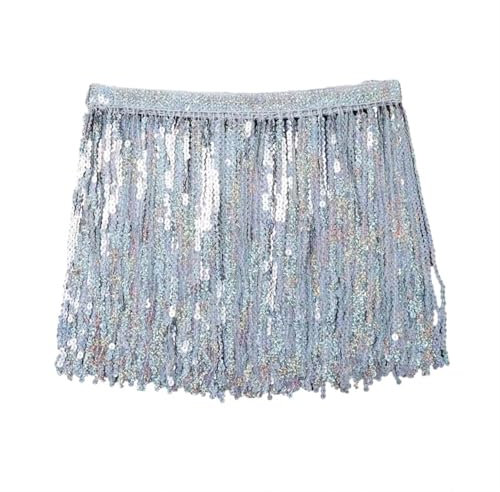 AYWTIUN Glitzer Rock Bauchtanz-Rock for Damen, Glitzer-Pailletten, Quasten, Fransen, Hüfttuch, Wickelrock, Minirock, Club, Festival, Halloween-Kostüm(Silver,XXL)