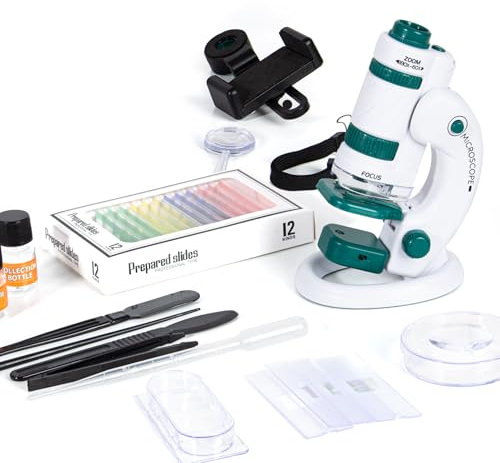 Todeco Microscope 60X-180X pour Enfants et Étudiants - Ensemble avec Zoom Éclairé par LED, 12 Lames Préparées - pour l'Observation Microbiologique