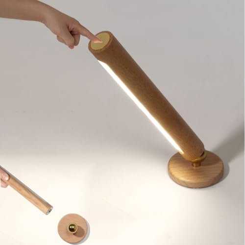 LOGT Akku Wandleuchte Holz USB Kabellose Wandlampe Innen Ohne Stromanschluss Wandbeleuchtung mit Touch Control Schalter Dimmbar Warmweiß Nachtlicht 360° Drehbar Bettlampe Magnetische Ohne Bohren