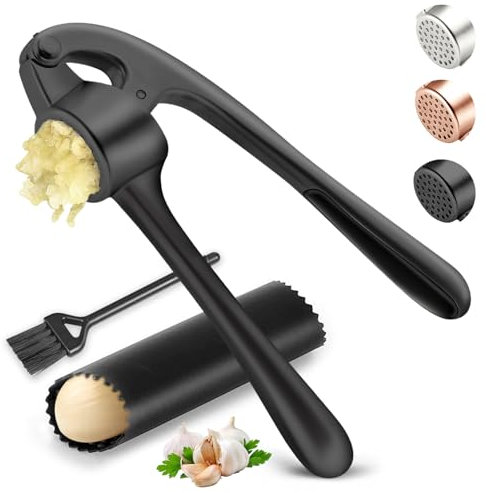 Kitchen Garlic Press, Rust Proof & Dishwasher Safe Garlic Mincer, Durable Garlic Crusher Set with Peeler＆Brush, Easy to Clean and Squeeze, Black