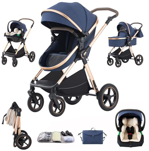 Shineey Passeggino 3 in 1,Passeggino 3 pezzi,passeggino, pieghevole, carrozzina,sistema da viaggio, pneumatici in gomma, Neonatale，Adaptateurs,con accessori, Gondola (D2-BLUE, H2-D)