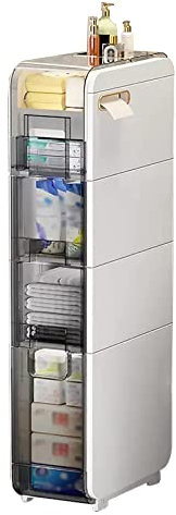Armario de baño delgado y alto con cajones transparentes y ruedas, unidad de almacenamiento vertical para organización de fregadero de baño estrecho, gabinete de almacenamiento de papel higiénico de