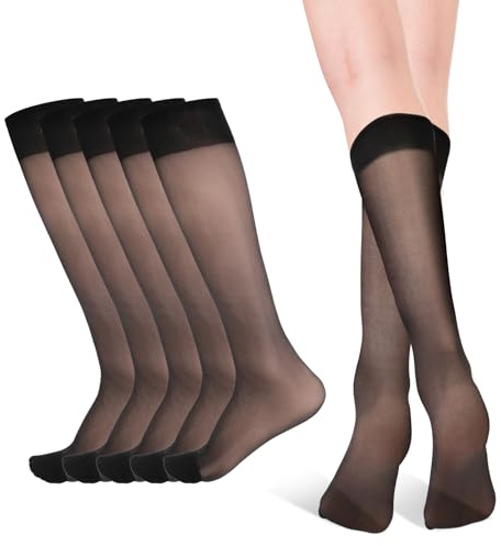 CIATBYYJ 6 Paar Damen Kniestrümpfe, Transparente Nylon Fein-Kniestrümpfe, Kniehohe Pop Socken für Damen (Schwarz, Medium (fits EU sizes 35-41))