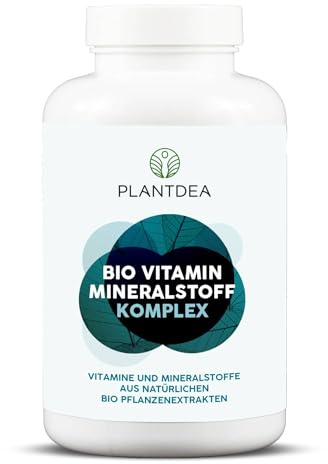 PlantDEA Bio Multivitamin Mineralstoff Komplex - 12 Vitamine & 5 Mineralstoffe aus natürlichen, biologischen Pflanzenextrakten, mit Vitamin C, D3, E, K & B Komplex - 60 vegane Kapseln - Monatsvorrat