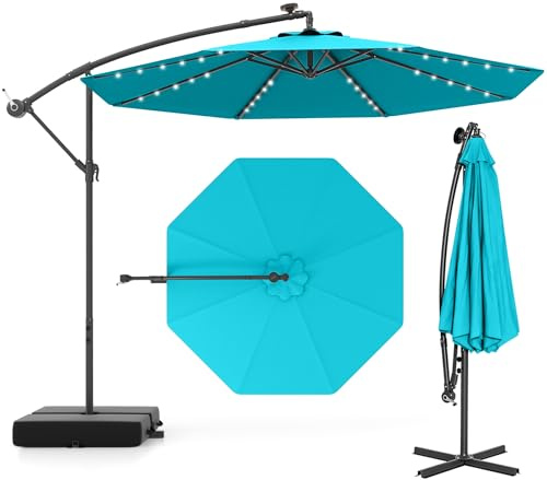 GYMAX Ombrellone da Balcone 3x3 M, Ombrellone Decentrato Laterale Roma, con Luci Solari, Regolazione Inclinazione, 8 Stecche e Base a Croce per Cortile, Terrazzo, Piscina e Giardino