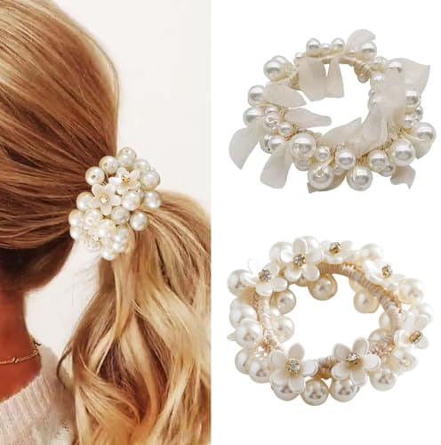 2 Piezas Coleteros, Lazo para el cabello con perlas, Scrunchies Pelo para Mujer y Chica