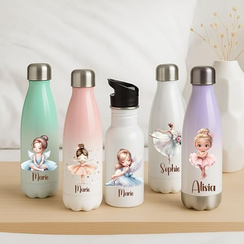 wolga-kreativ Personalisierte Kinderflasche Edelstahl 500ml – Thermo oder Strohhalm – Mädchen Trinkflasche mit Namen & Ballerina Motiv – BPA-frei Auslaufsicher Kita Schule
